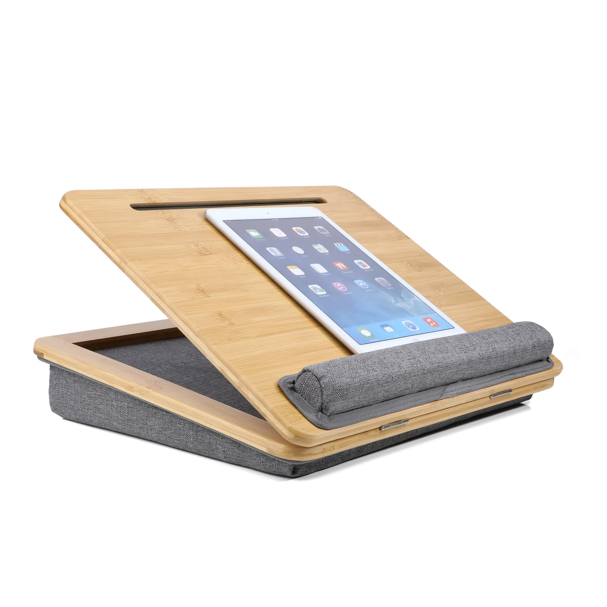 Support pour ordinateur portable COMFILAP III en bambou marron avec rembourrage gris et une tablette de hjh OFFICE
