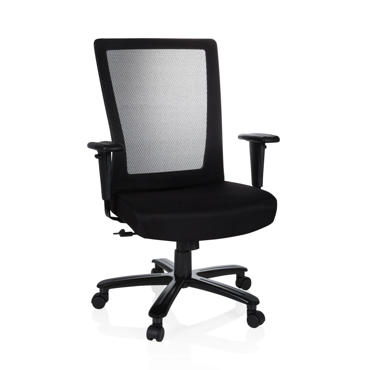Siège pivotant XXL EXTENDER noir avec dossier en maille et base à cinq roulettes de hjh OFFICE – vue à 360° (vue de face 20°)