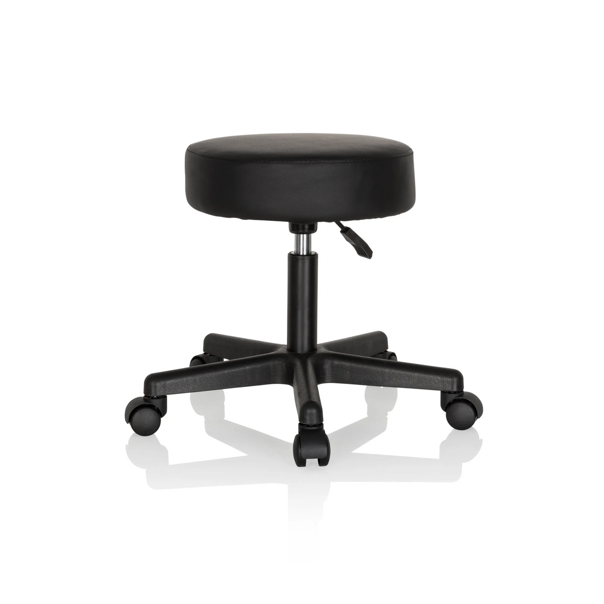 Tabouret pivotant noir OPERATOR I avec assise rembourrée et piètement à cinq roulettes de hjh OFFICE – vue à 360° (vue de trois quarts avant 40°)
