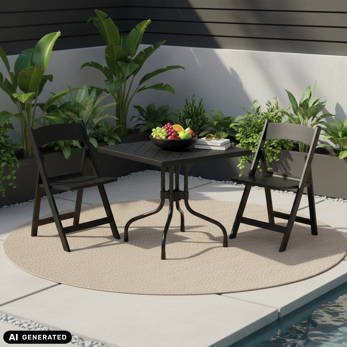 Table pliante TRAVANO T1 noire avec deux chaises pliantes assorties en extérieur de hjh LIVING (image générée par IA)