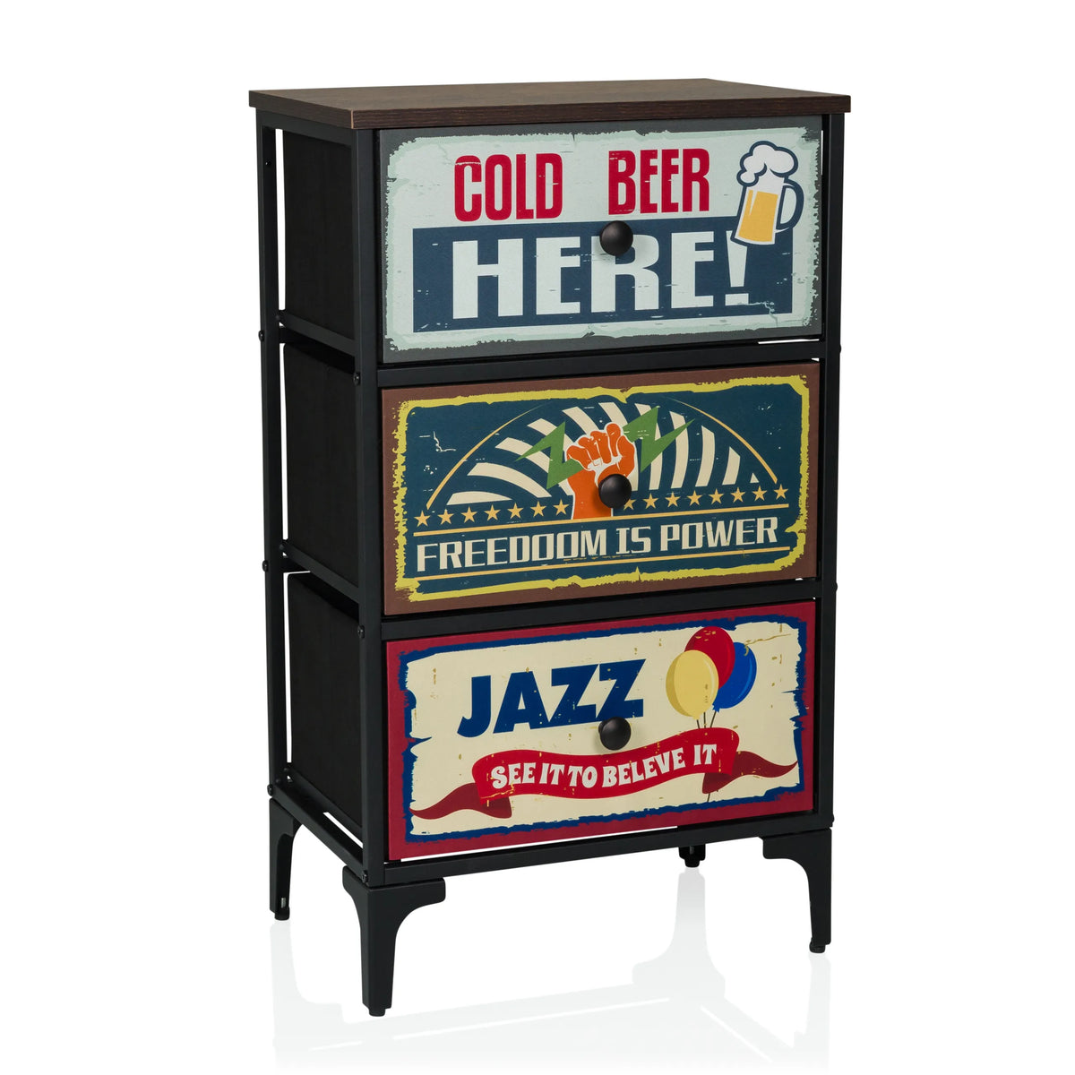 Commode AMERIKO S avec trois tiroirs à motifs au look vintage et structure noire de hjh LIVING – vue à 360° (vue de face 15°)