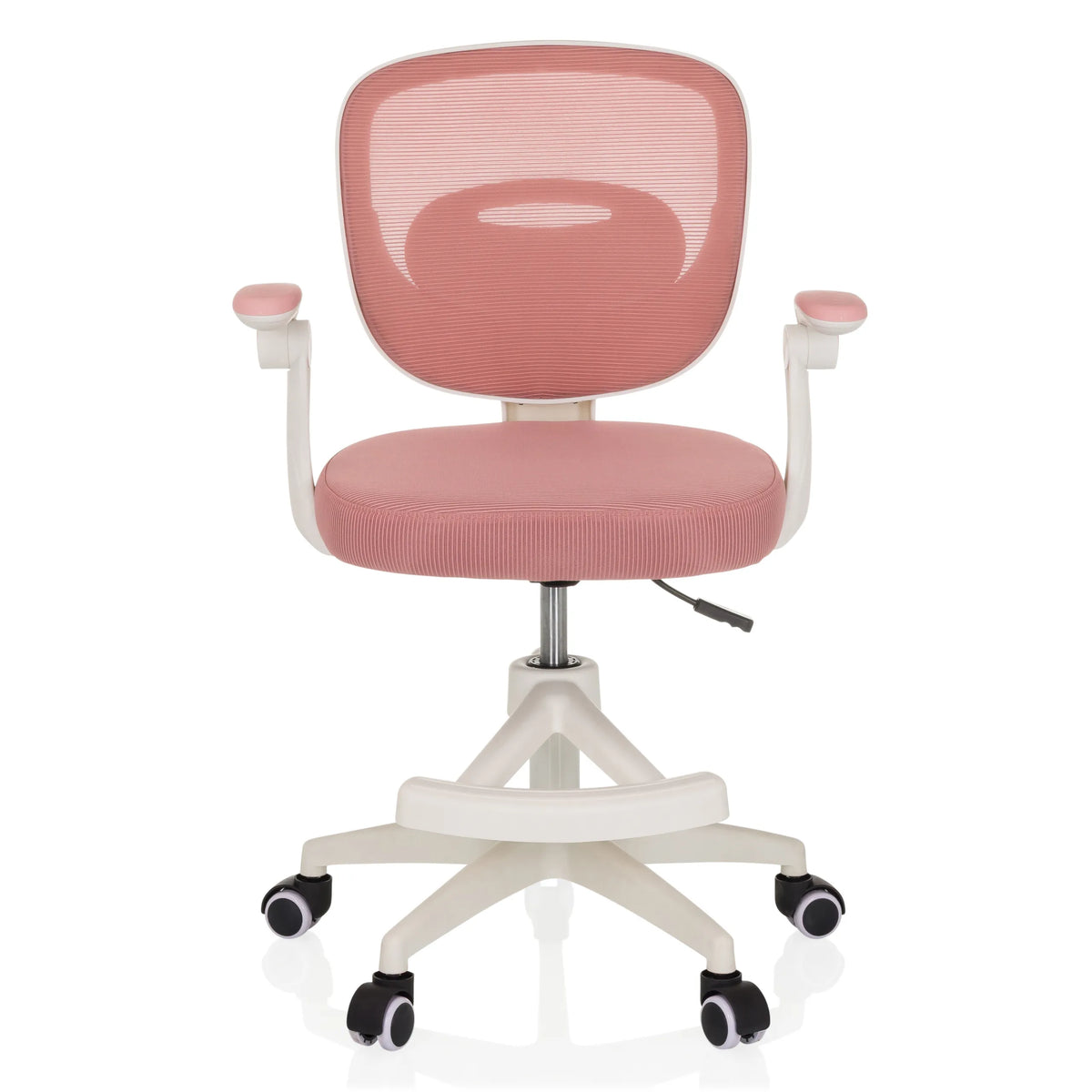 Chaise pivotante pour des enfants KIDDY SMART rose avec dossier en maille et base à cinq roulettes de hjh OFFICE – vue à 360° (vue de face 0°)