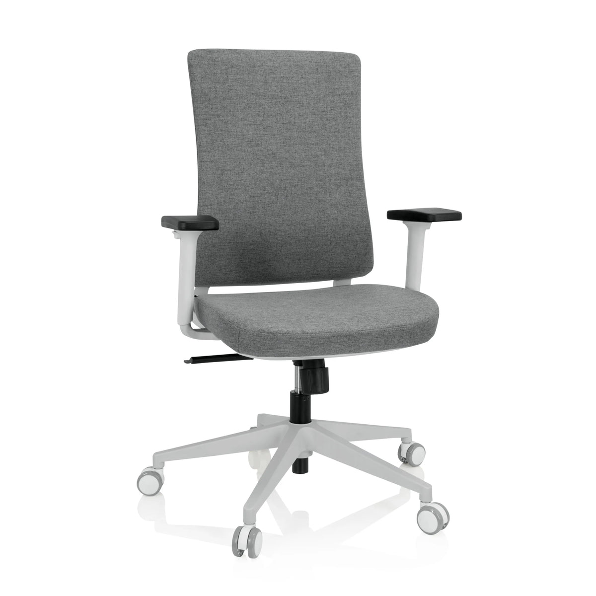 Siège de bureau de qualité professionnelle COMFIO WP gris avec accoudoirs et piètement blanc à cinq roulettes de hjh OFFICE – vue à 360° (vue de face 20°)