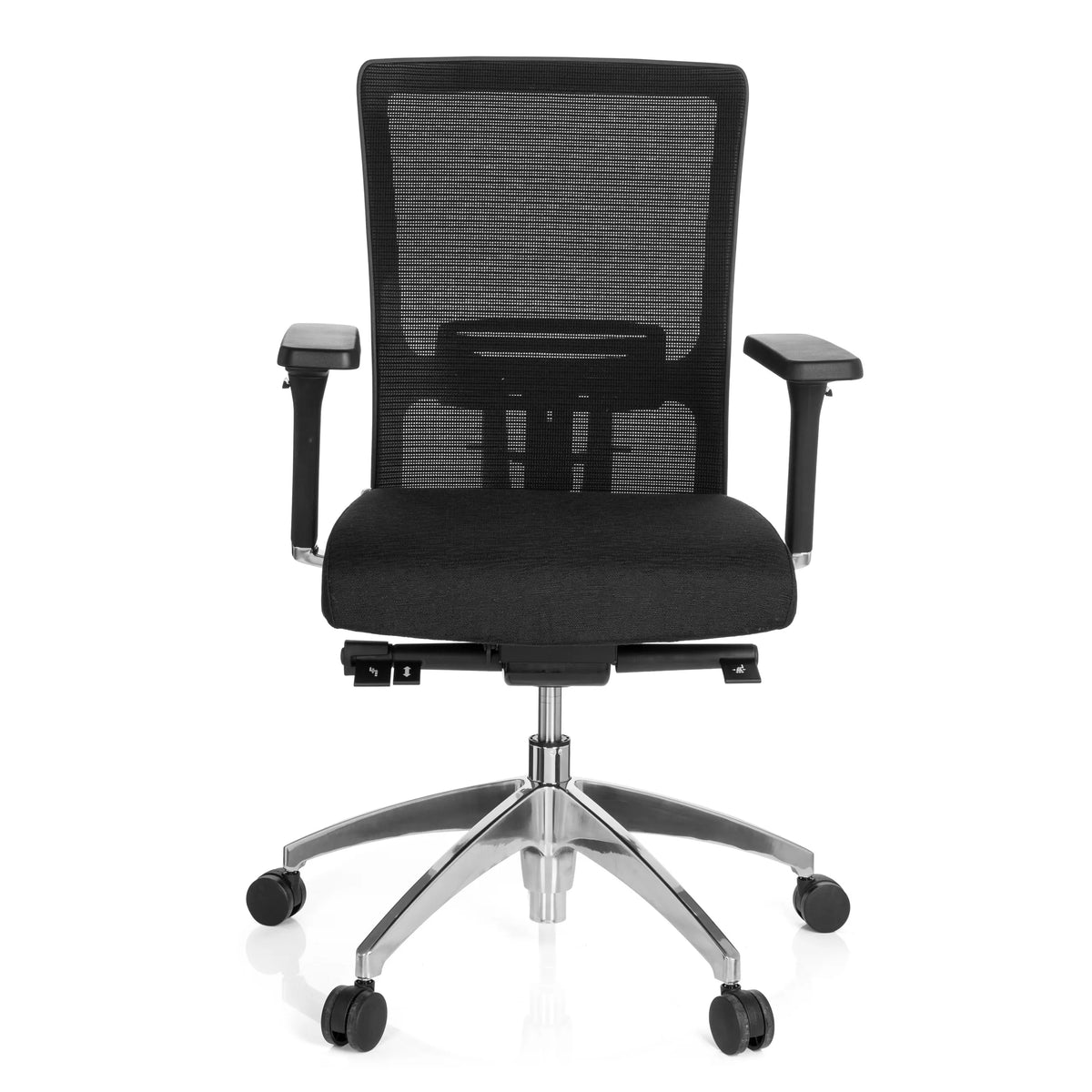 Siège de bureau de qualité professionnelle ASTRA BASE N noir, dossier maille et base brillante à 5 roulettes de hjh OFFICE – vue à 360° (vue de face 0°)
