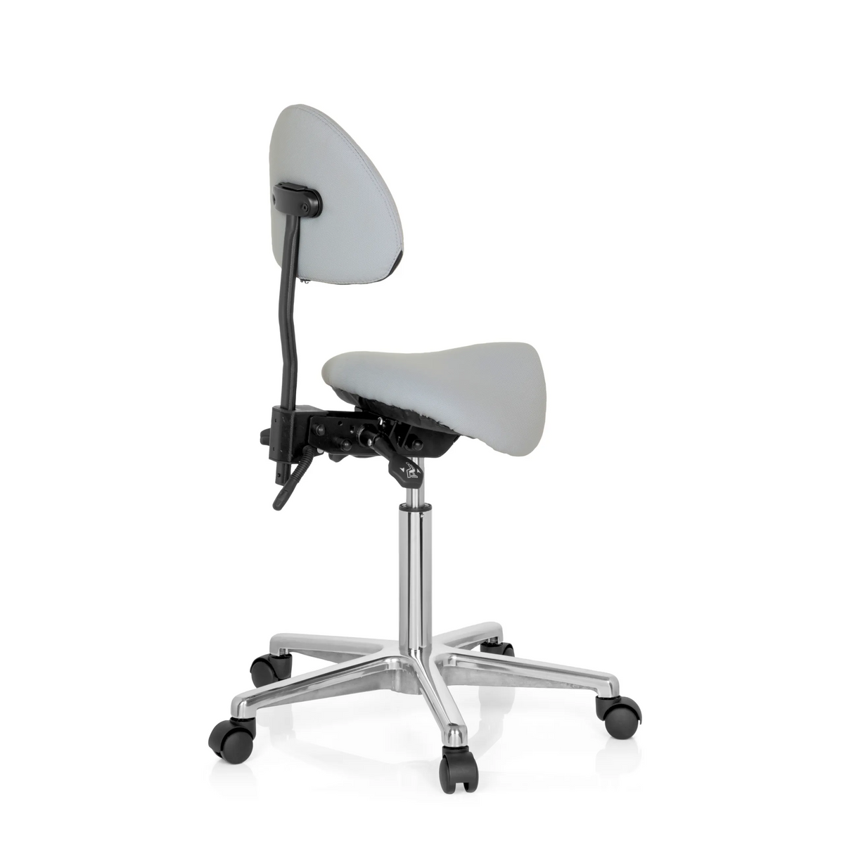 Tabouret de selle TOP WORK 20 gris avec dossier et base à cinq roulettes de hjh OFFICE – vue à 360° (vue de trois quarts arrière 120°)