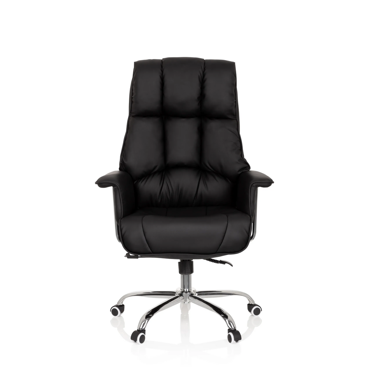 Siège de direction de qualité professionnelle COMMANDER noir avec revêtement matelassé et pied à cinq roulettes de hjh OFFICE – vue à 360° (vue de face 0°)