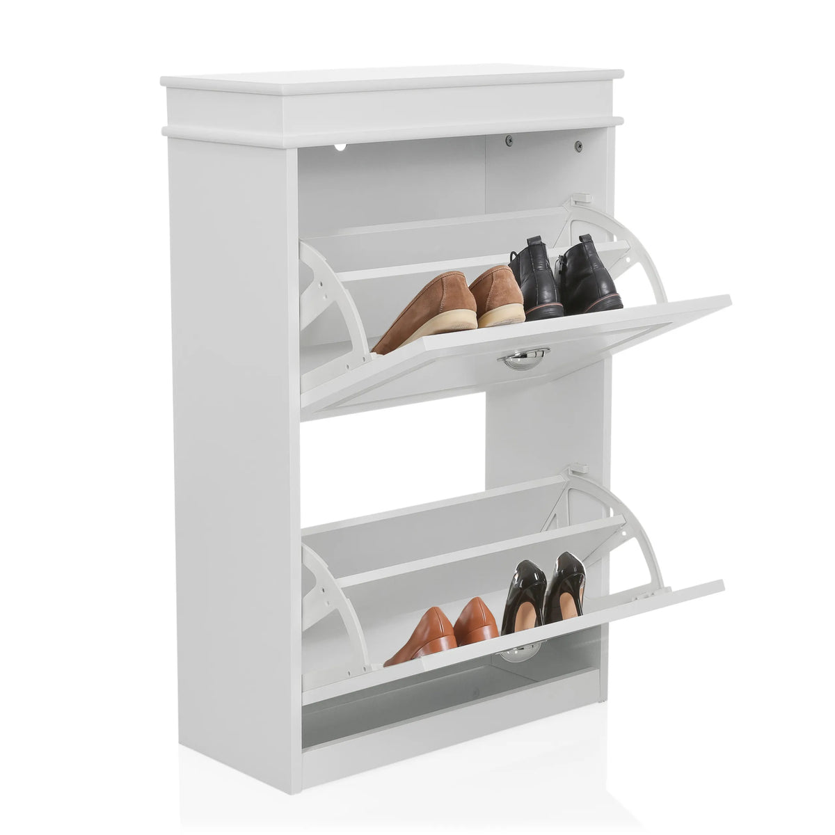 Armoire à chaussures ESTHA 2 blanche avec deux compartiments abattants ouverts contenant des chaussures de hjh LIVING