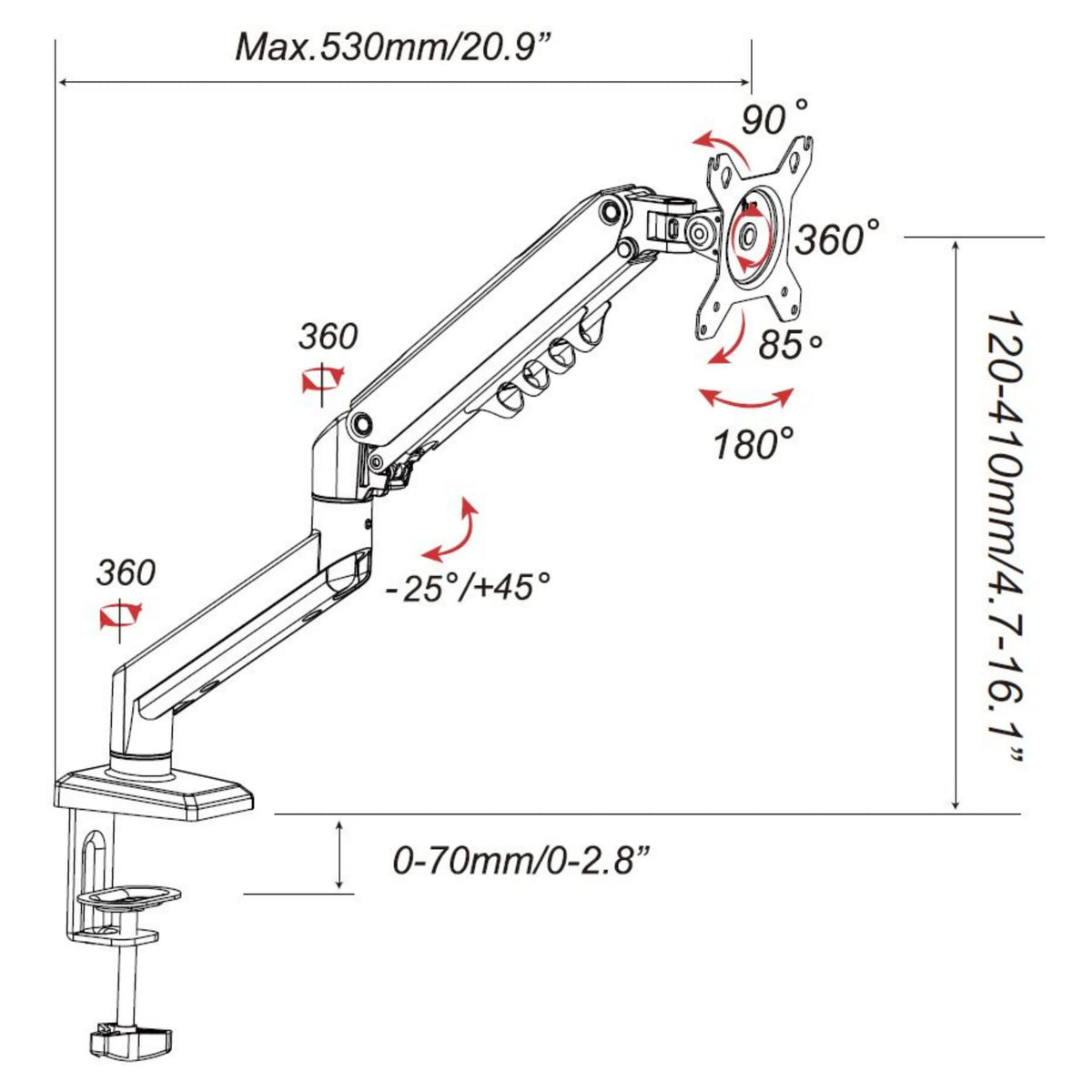 Dessin technique de la Fixation pour écran Ergomount GF1 avec une portée maximale de 530 mm de hjh OFFICE