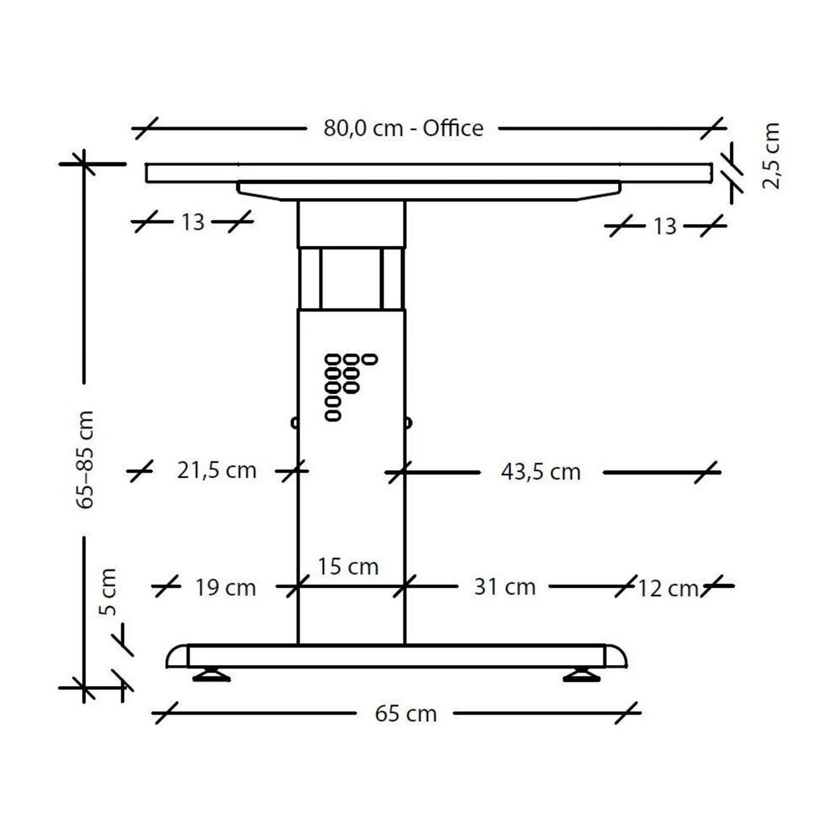 Maßzeichnung des höhenverstellbaren Schreibtisches MEGA 16 S mit einer Tischplattenbreite von 80,0 cm von hjh OFFICE PRO