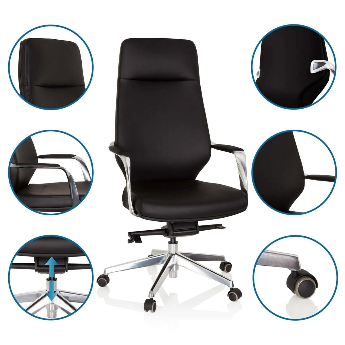 Siège de direction de qualité professionnelle VELVET noir avec vues détaillées des accoudoirs, du vérin à gaz et des roulettes de hjh OFFICE