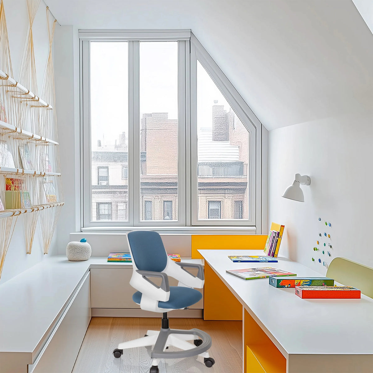 Chaise pivotante pour des enfants KID FLEX bleu gris avec accoudoirs et roulettes blancs devant un bureau de hjh OFFICE