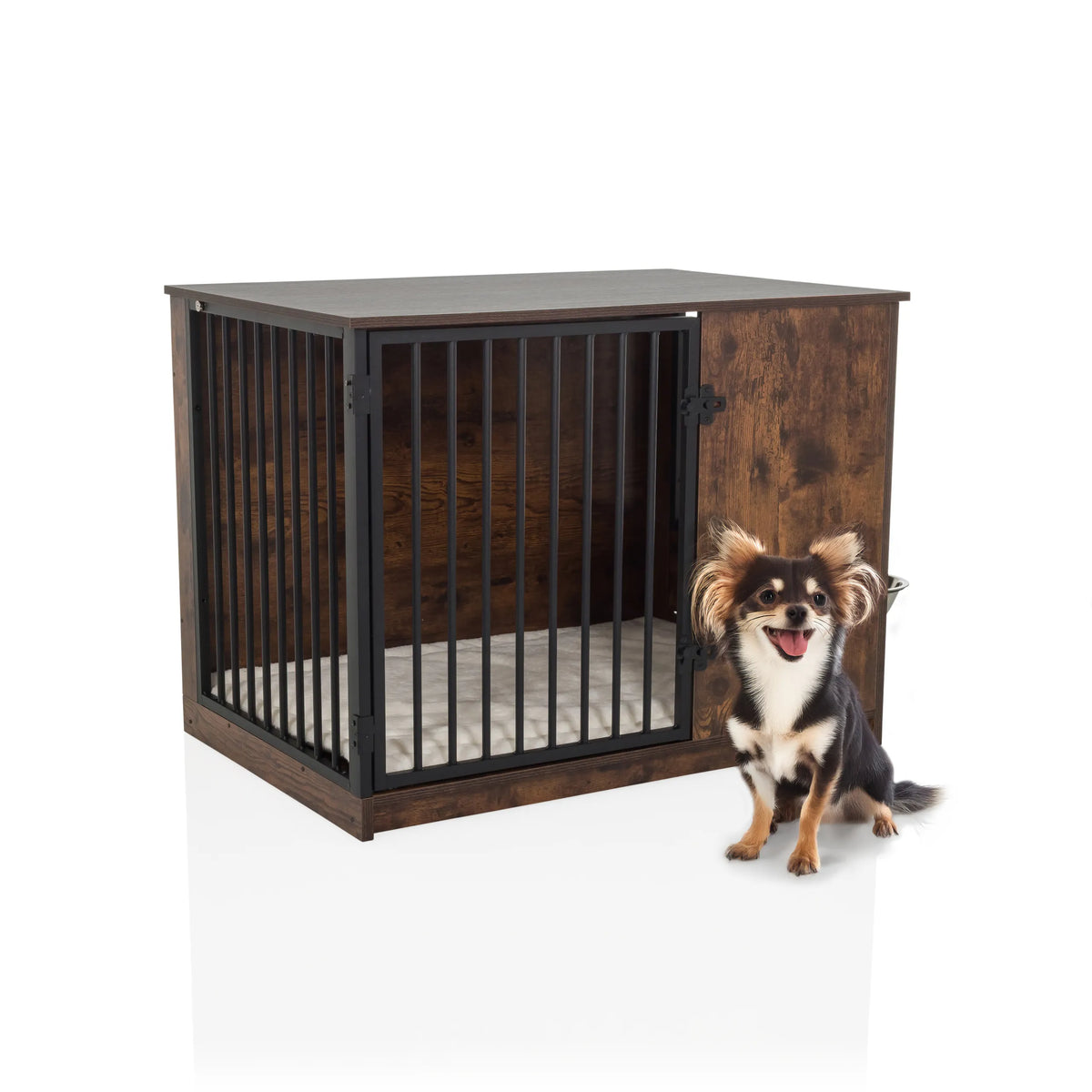 Niche pour chien marron PAWHOME S avec grilles et un petit chien à côté de hjh LIVING