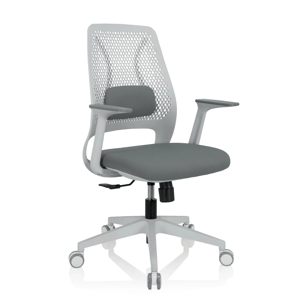 Grauer Homeoffice-Bürostuhl PARFERIO W mit Netzrücken und Fußkreuz mit fünf Rollen von hjh OFFICE – 360-Grad-Ansicht (schräge Frontansicht 40°)