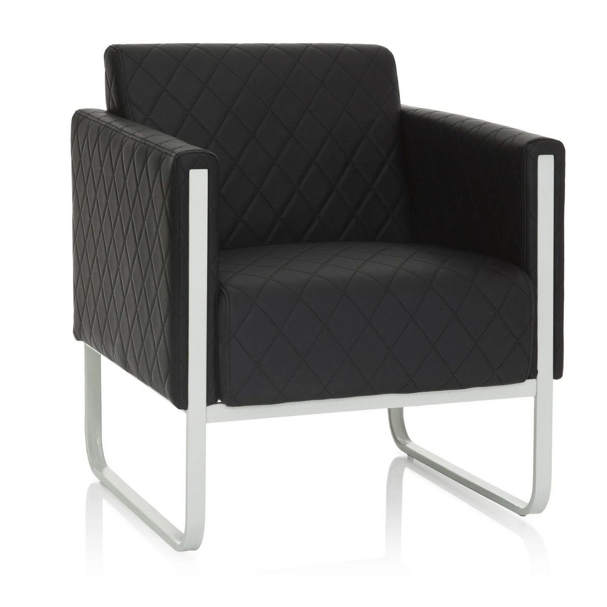 Fauteuil rembourré noir ARUBA STEP avec surpiqûres en losanges et structure argentée de hjh OFFICE – vue à 360° (vue de face 20°)