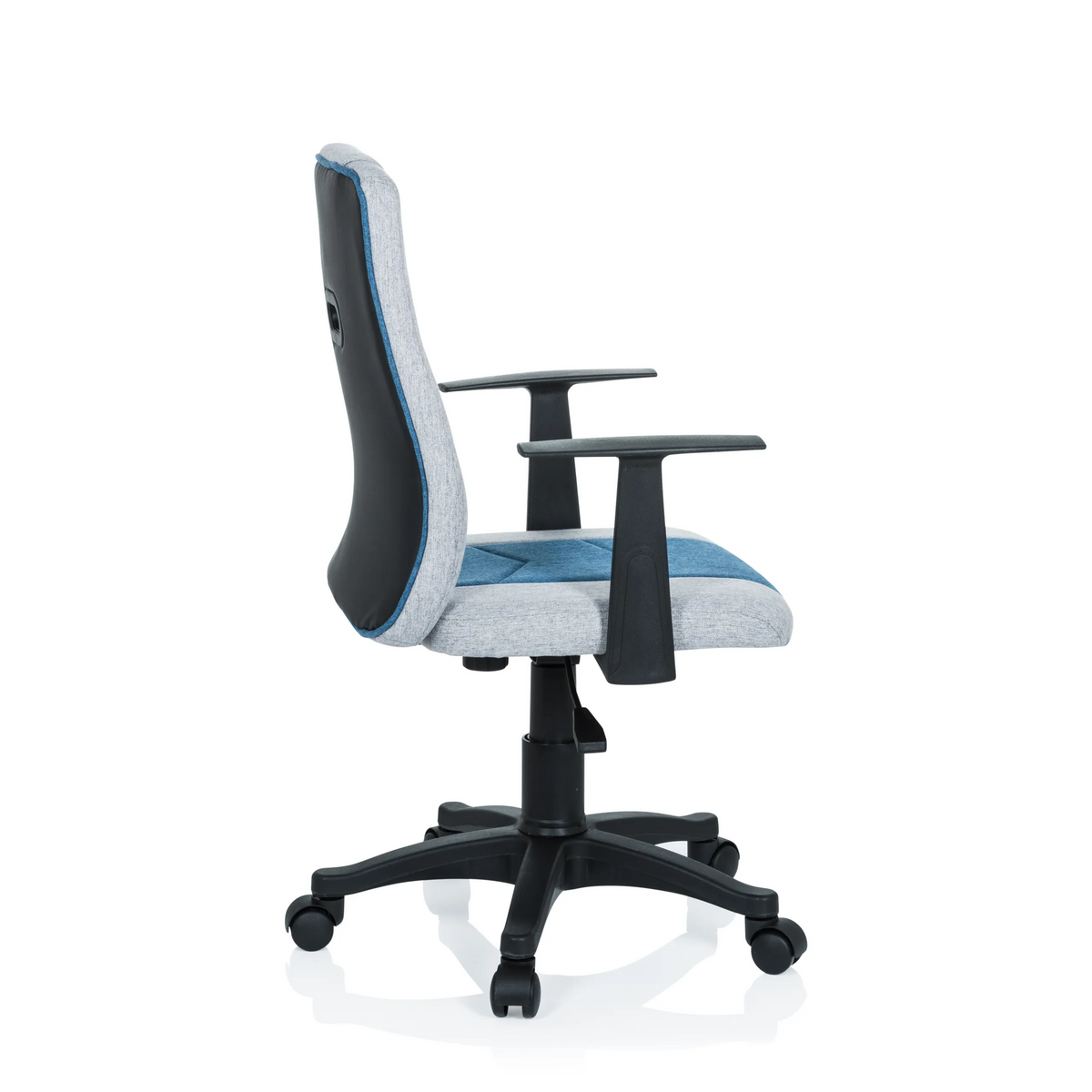 Chaise pivotante pour des enfants KIDDY EXTRA gris-bleu avec accoudoirs et base à cinq roulettes de hjh OFFICE – vue à 360° (vue de profil 100°)
