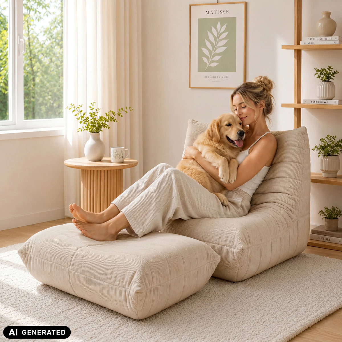 Pouf Sitzolo Podi beige avec repose-pieds assorti de hjh LIVING (image générée par IA)
