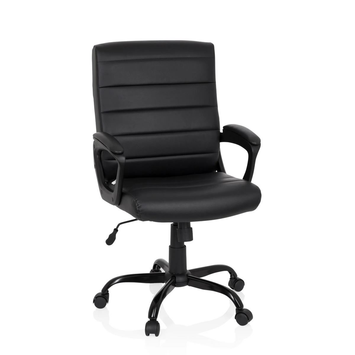 Siège de direction pour bureau à domicile ERGOSMOOTH BIG noir, capitonné, sur base à cinq roulettes de hjh OFFICE – vue à 360° (vue de face 20°)