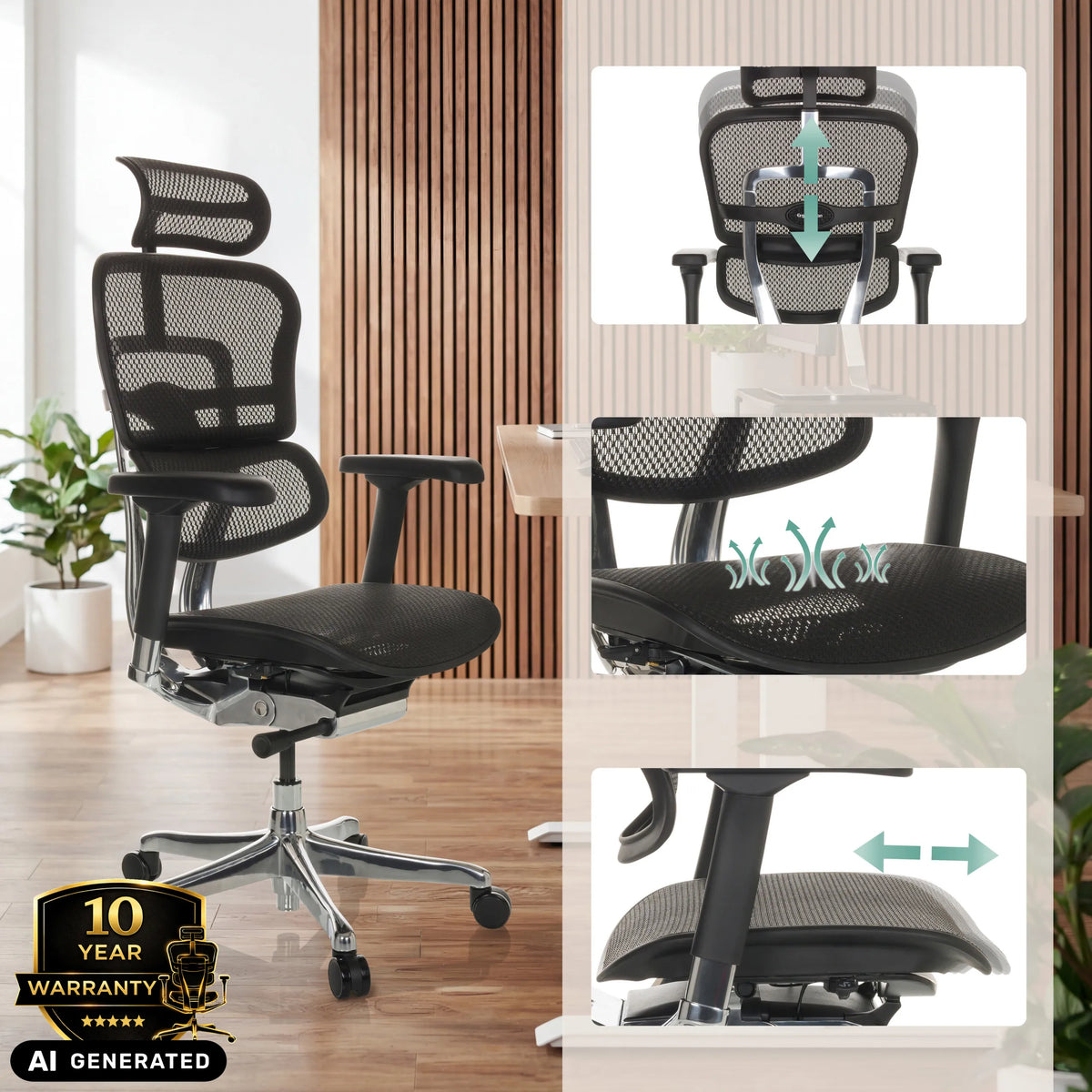 Siège de direction de luxe ERGOHUMAN GEN2 avec appuie-tête et profondeur d'assise réglables de hjh OFFICE (image générée par IA)