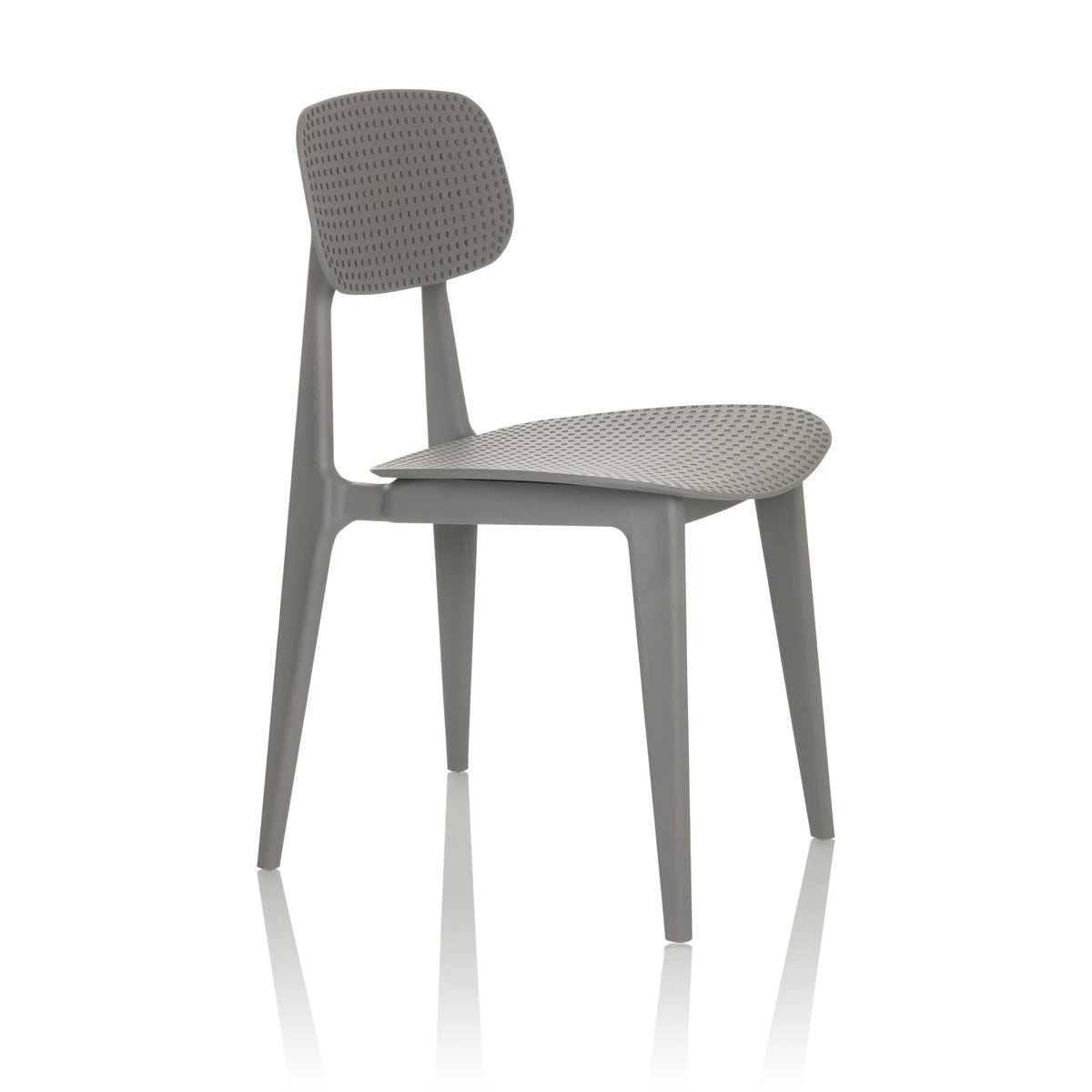 Chaise d'extérieur grise ARTIFO HOL avec dossier et assise perforés de hjh OFFICE – vue à 360° (vue de trois quarts avant 60°)