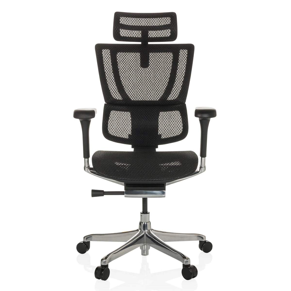 Siège de direction de luxe ERGOHUMAN SLIM GEN2 noir avec dossier en maille, accoudoirs et base à cinq roulettes de hjh OFFICE – vue à 360° (vue de face 0°)