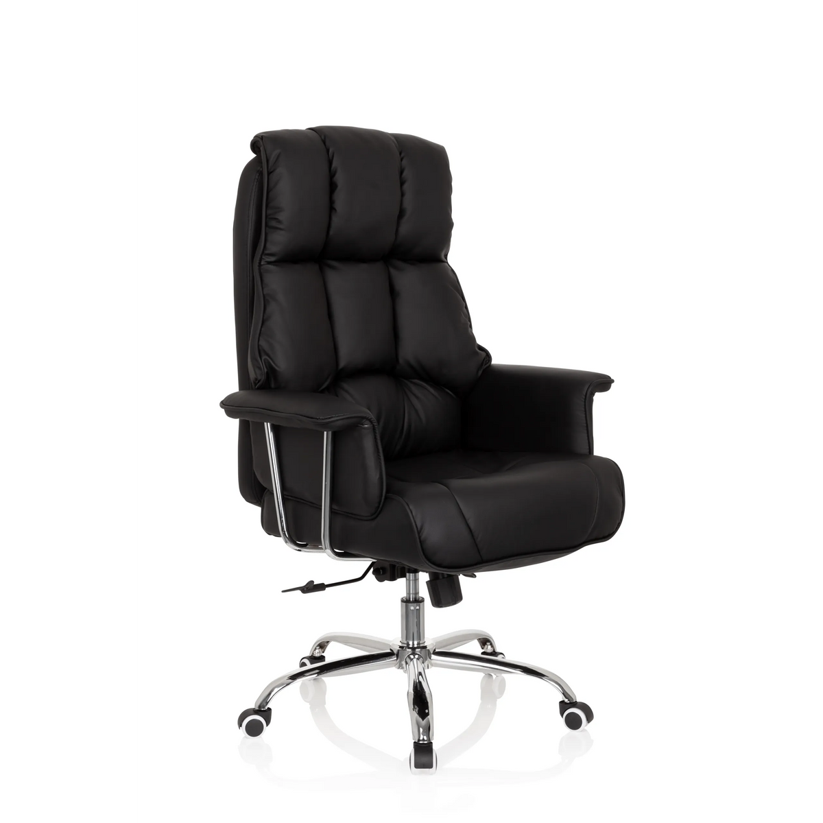 Siège de direction de qualité professionnelle COMMANDER noir avec revêtement matelassé et pied à cinq roulettes de hjh OFFICE – vue à 360° (vue de trois quarts avant 40°)