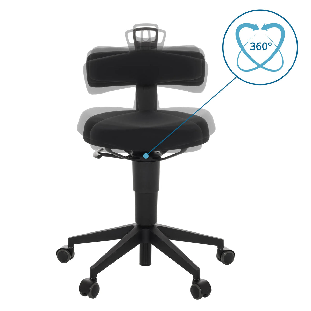 Fonction de rotation à 360 degrés du tabouret pivotant TOP WORK FLEX en noir avec pied à roulettes de hjh OFFICE