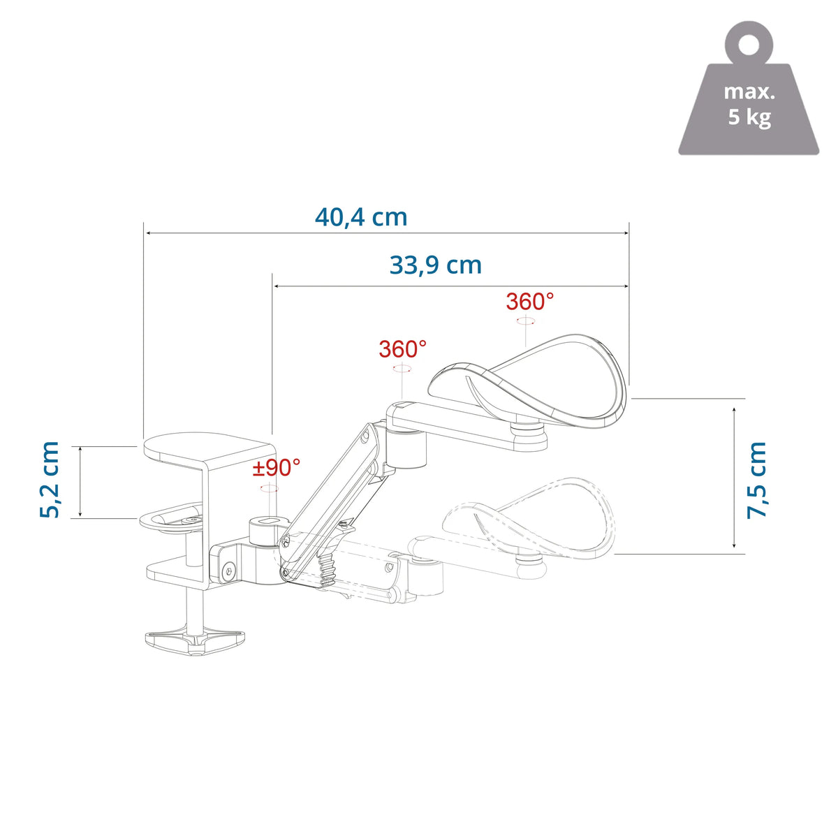 Dessin technique de l'Accoudoir RELEX RT1 avec une longueur de 40,4 cm et une charge maximale de 5 kg de hjh OFFICE