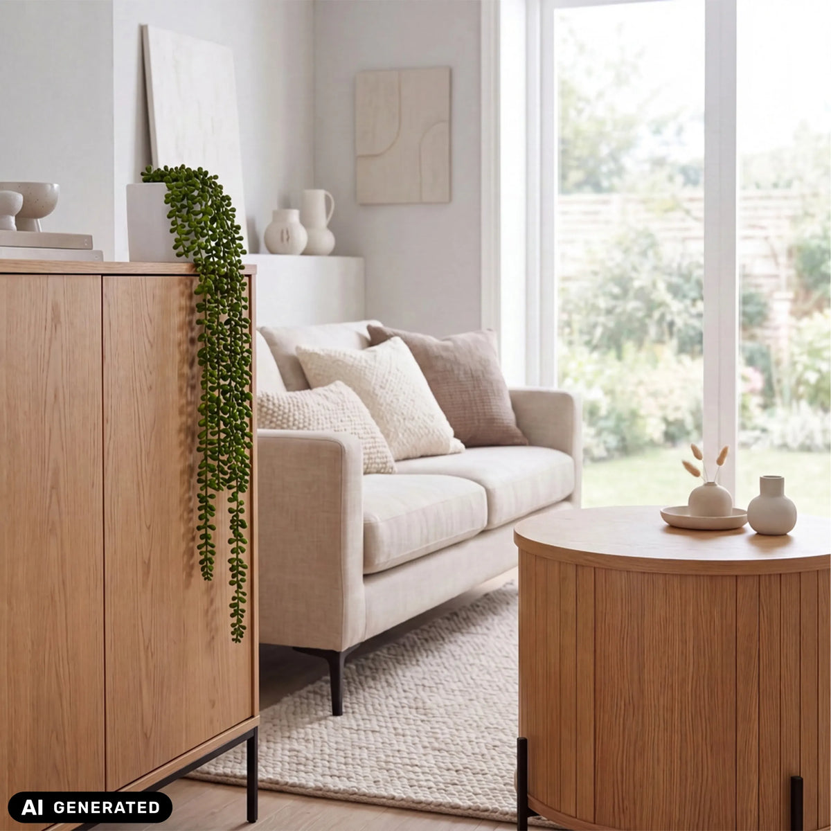 Armoire en bois Senecio Climb en vert avec une plante suspendue dans un salon lumineux de hjh OFFICE
