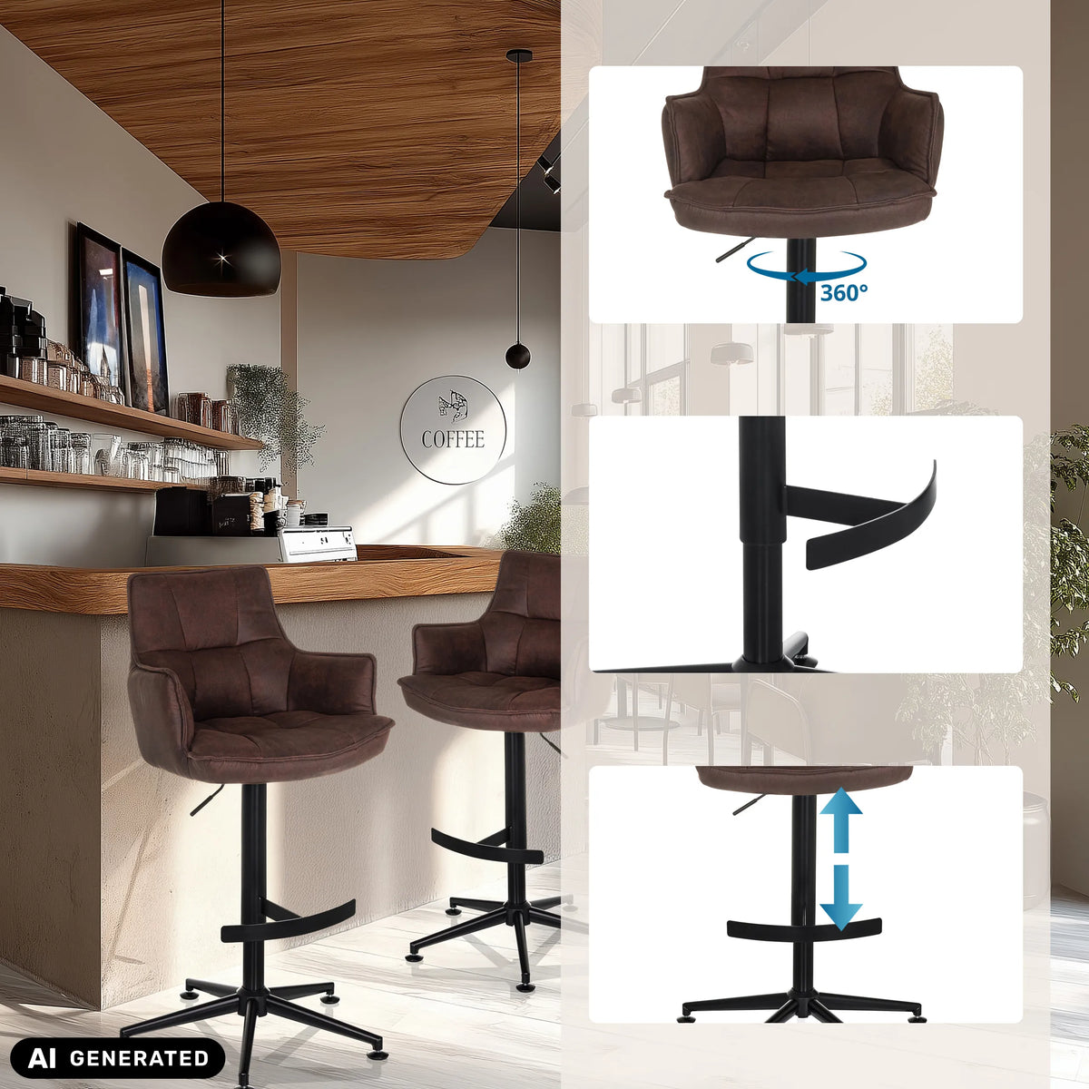 Tabouret de bar SOLAO LIFE HIGH marron avec vérin à gaz, repose-pieds et fonction pivotante à 360 degrés de hjh LIVING (image générée par IA)