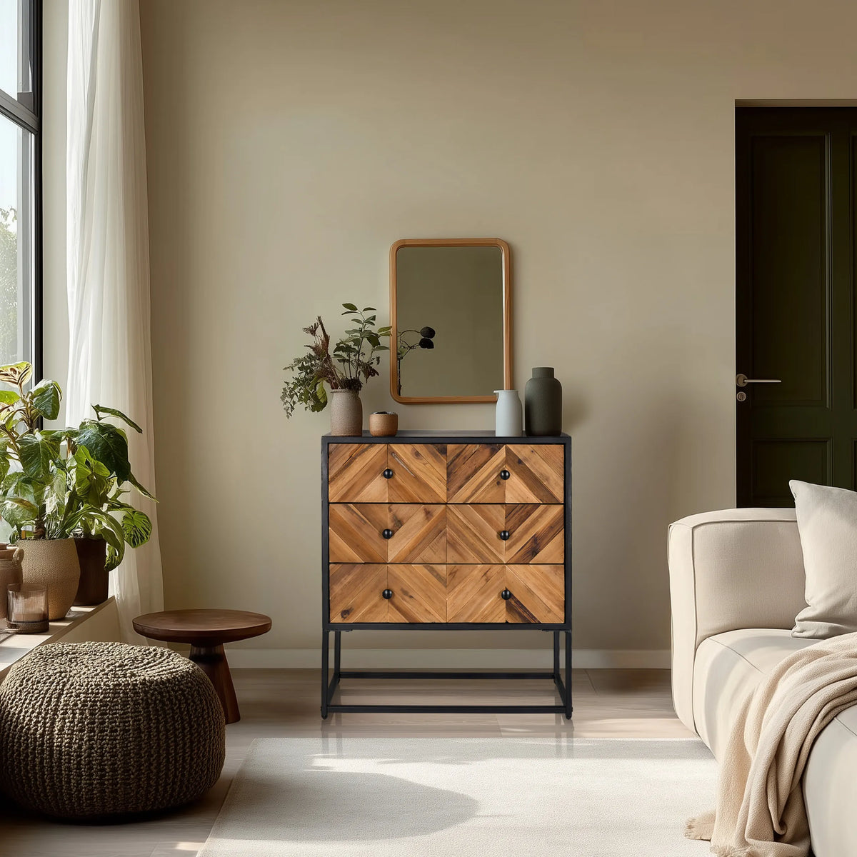 Buffet SANTJAGO BLACK SUN L avec trois tiroirs aux couleurs bois foncé et structure en métal noir de hjh LIVING