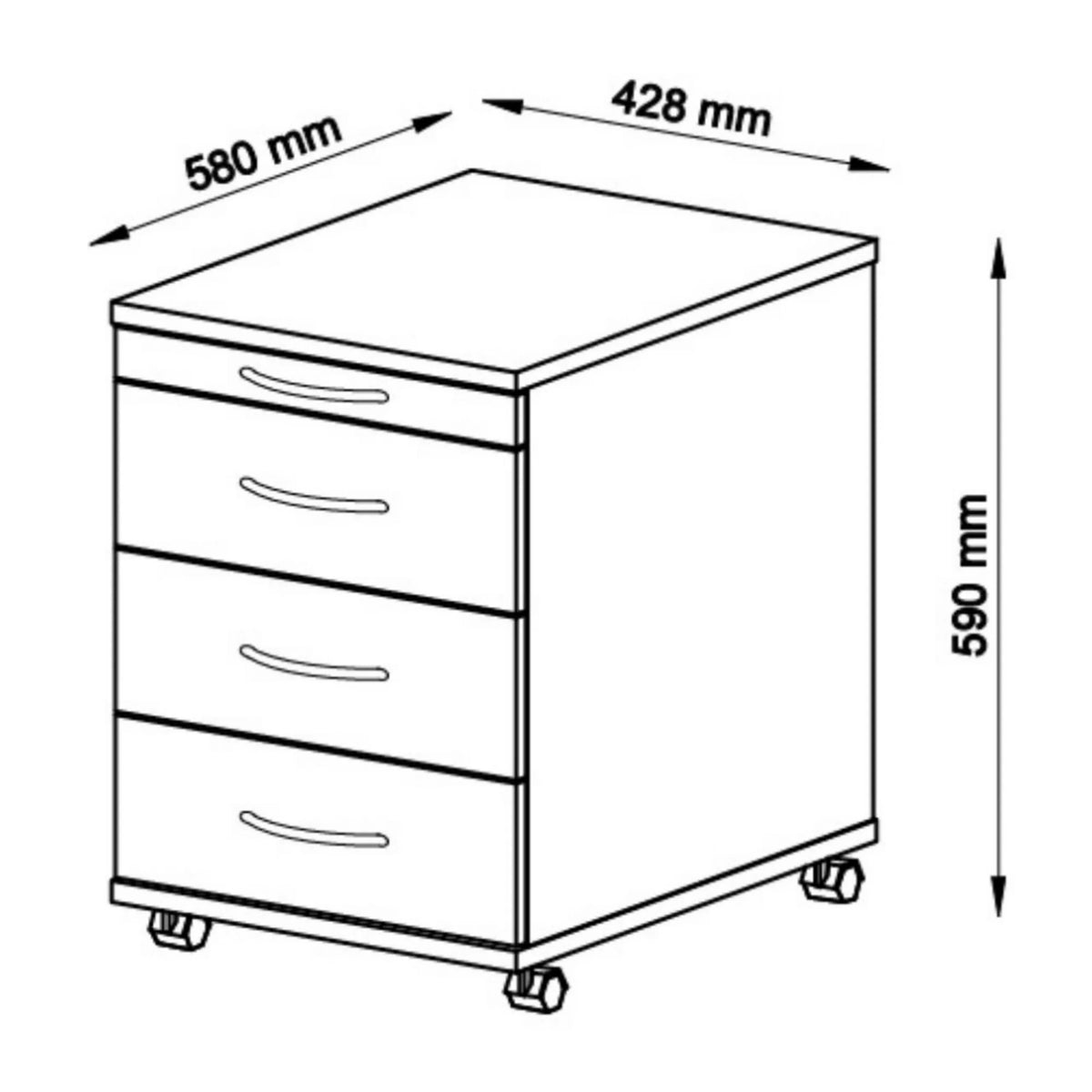 Technische Zeichnung des Rollcontainers BARI 1606 mit 580 × 428 mm von hjh OFFICE PRO