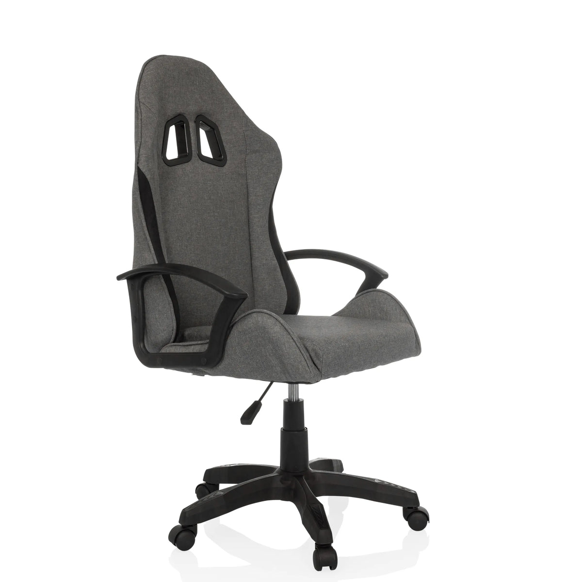 Fauteuil Gamer GAMEBREAKER W01 gris avec deux découpes pour l'appui-tête et piètement à cinq roulettes de MyBuero – vue à 360° (vue de trois quarts avant 45°)