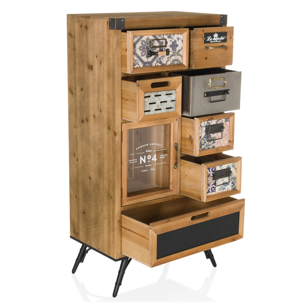 Buffet CONTINENTO S aspect bois avec différents tiroirs, un placard en verre et des pieds noirs de hjh LIVING