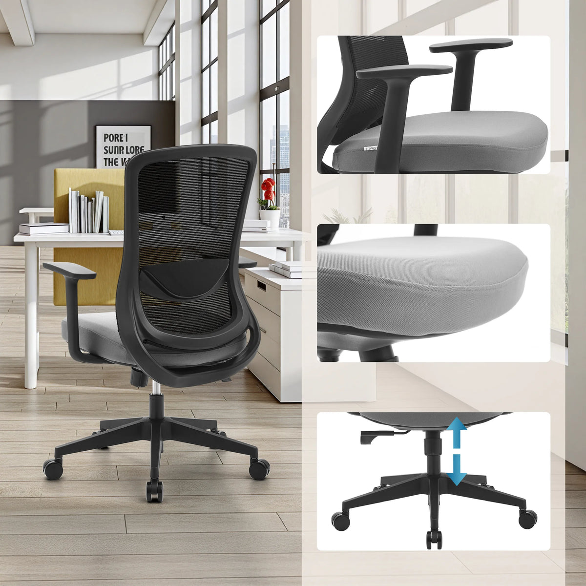 Siège de bureau à domicile Sedito en noir-gris avec accoudoirs réglables et vérin à gaz de hjh OFFICE