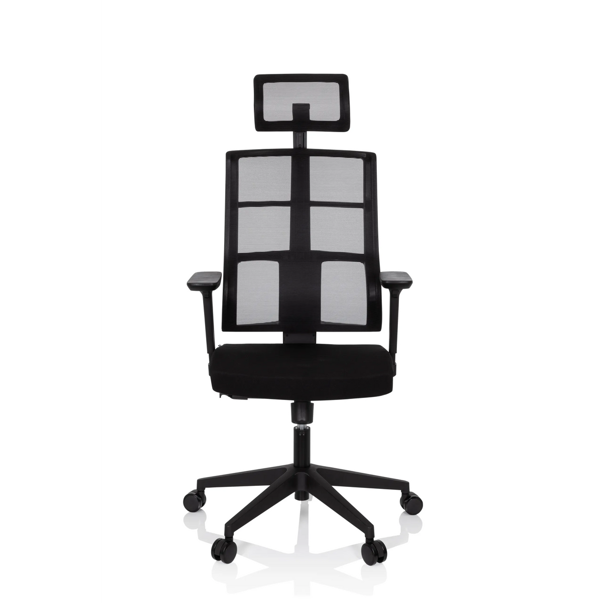 Siège de bureau de qualité professionnelle SPINIO PRO noir, dossier maille, appui-tête et base 5 roulettes de hjh OFFICE – vue à 360° (vue de face 0°)