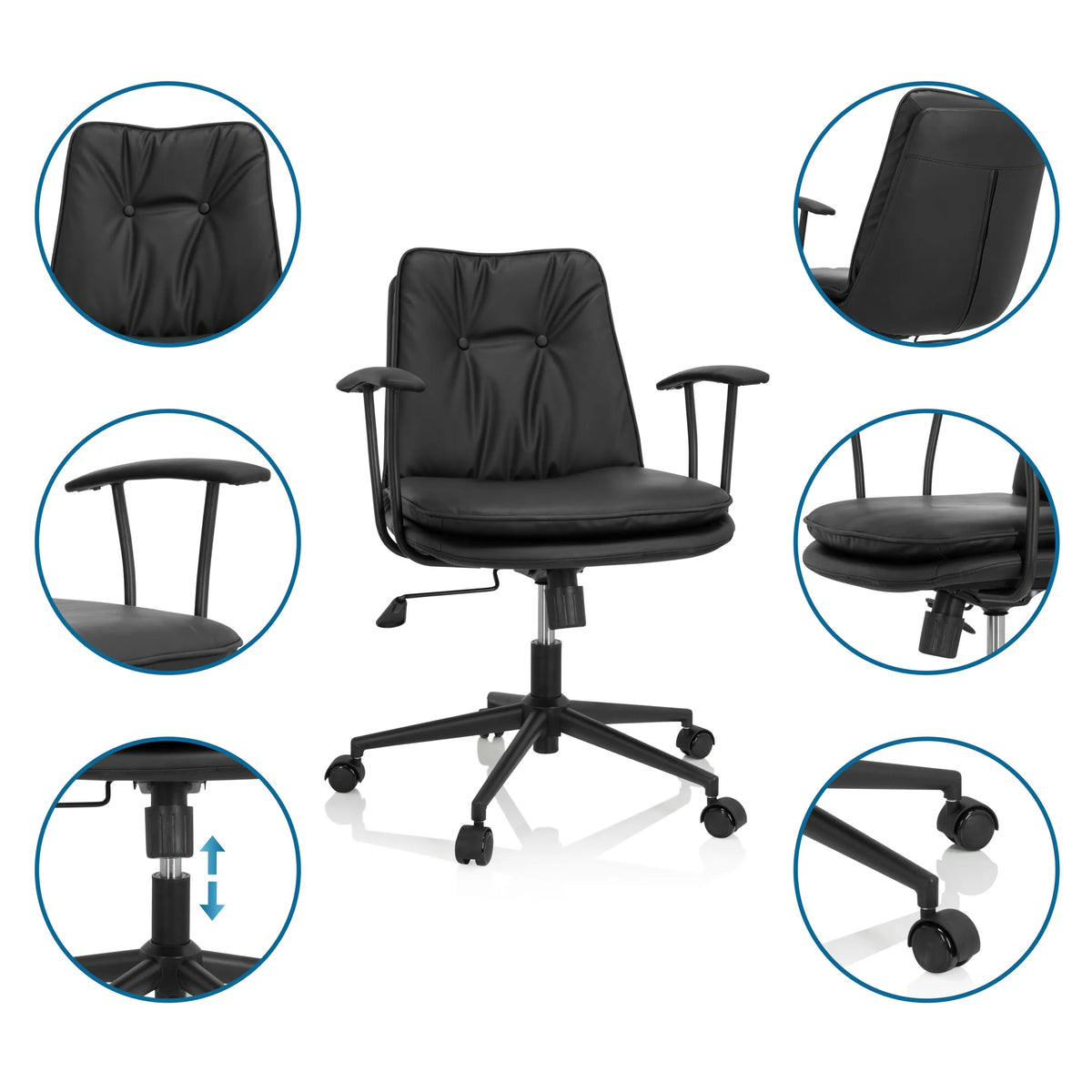 Siège de bureau à domicile SMALLO noir avec vues détaillées du dossier, des accoudoirs et des roulettes de hjh OFFICE