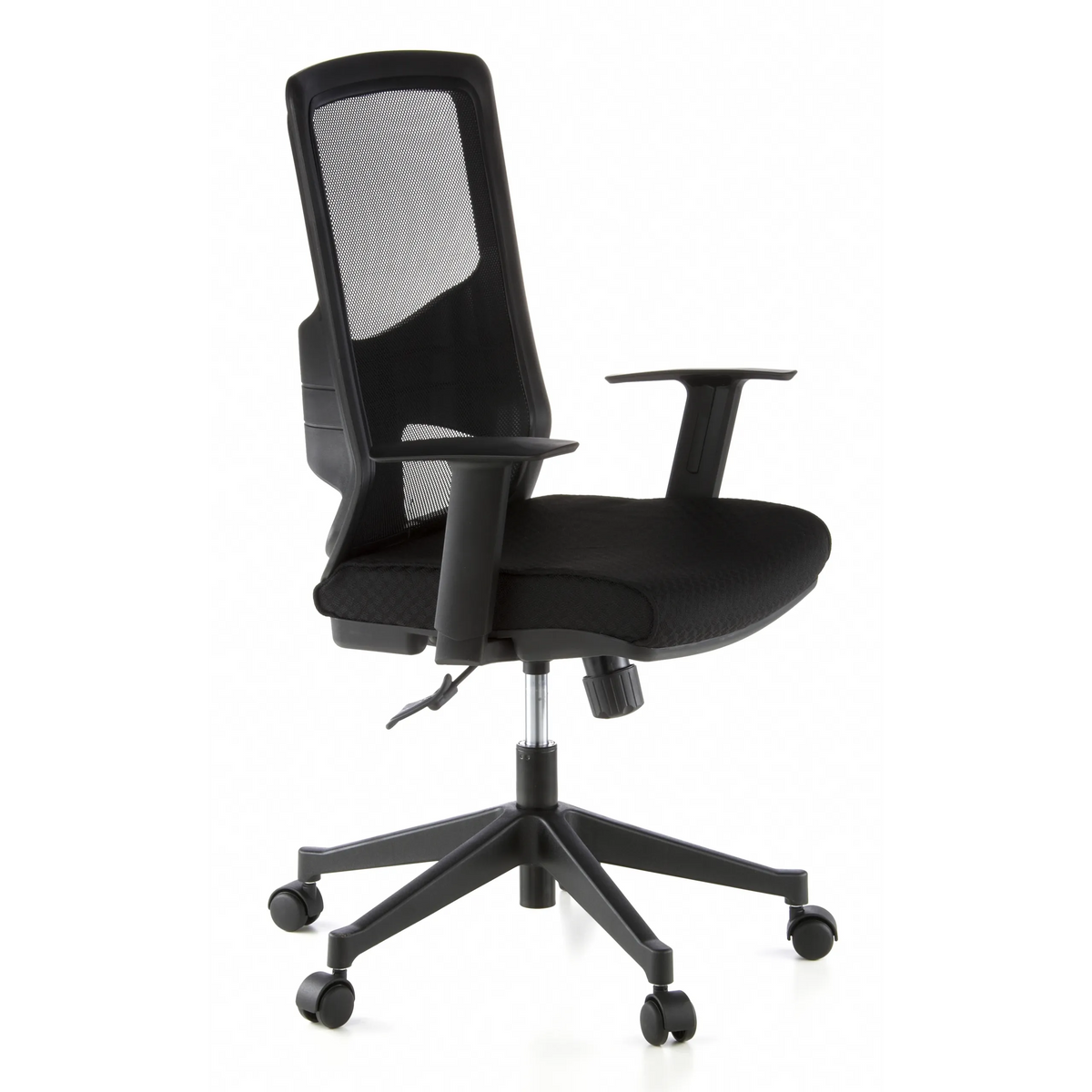 Siège de bureau de qualité professionnelle LAVITA noir avec dossier en maille et base à cinq roulettes de hjh OFFICE – vue à 360° (vue de trois quarts avant 60°)