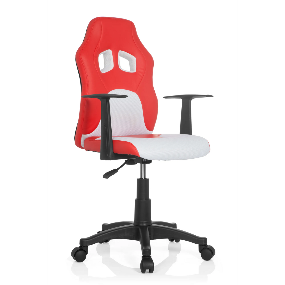 Chaise pivotante pour enfants TEEN GAME AL rouge et blanche avec accoudoirs et pied étoilé noir à cinq roulettes de hjh OFFICE – vue à 360° (vue de trois quarts avant 40°)