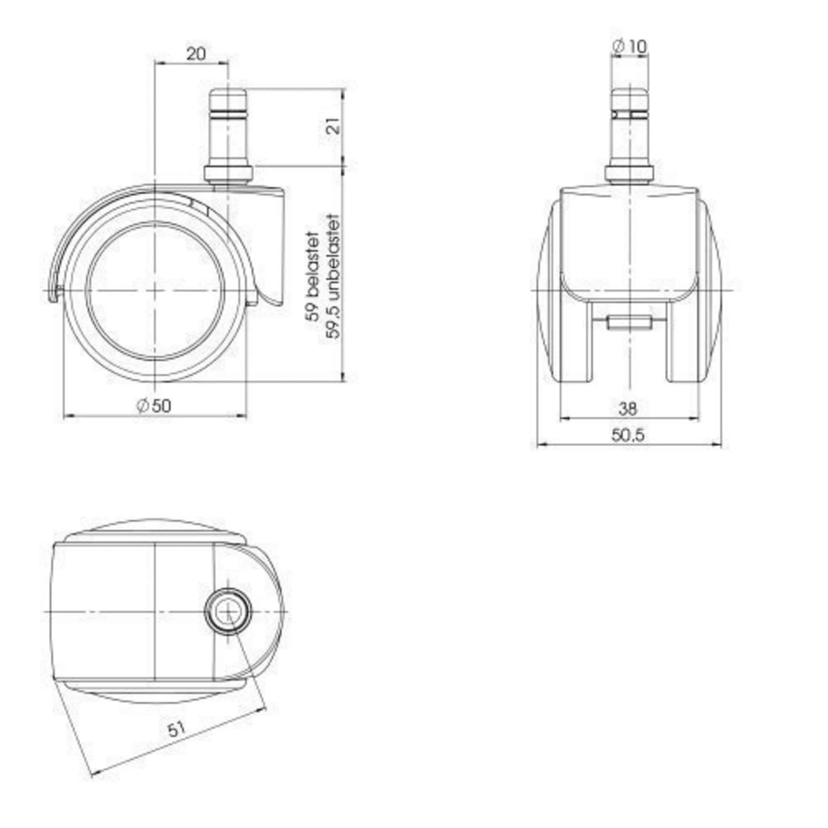 Dessin technique des roulettes 5x ROLO EASY 10mm/50mm d'un diamètre de 50 mm de hjh OFFICE