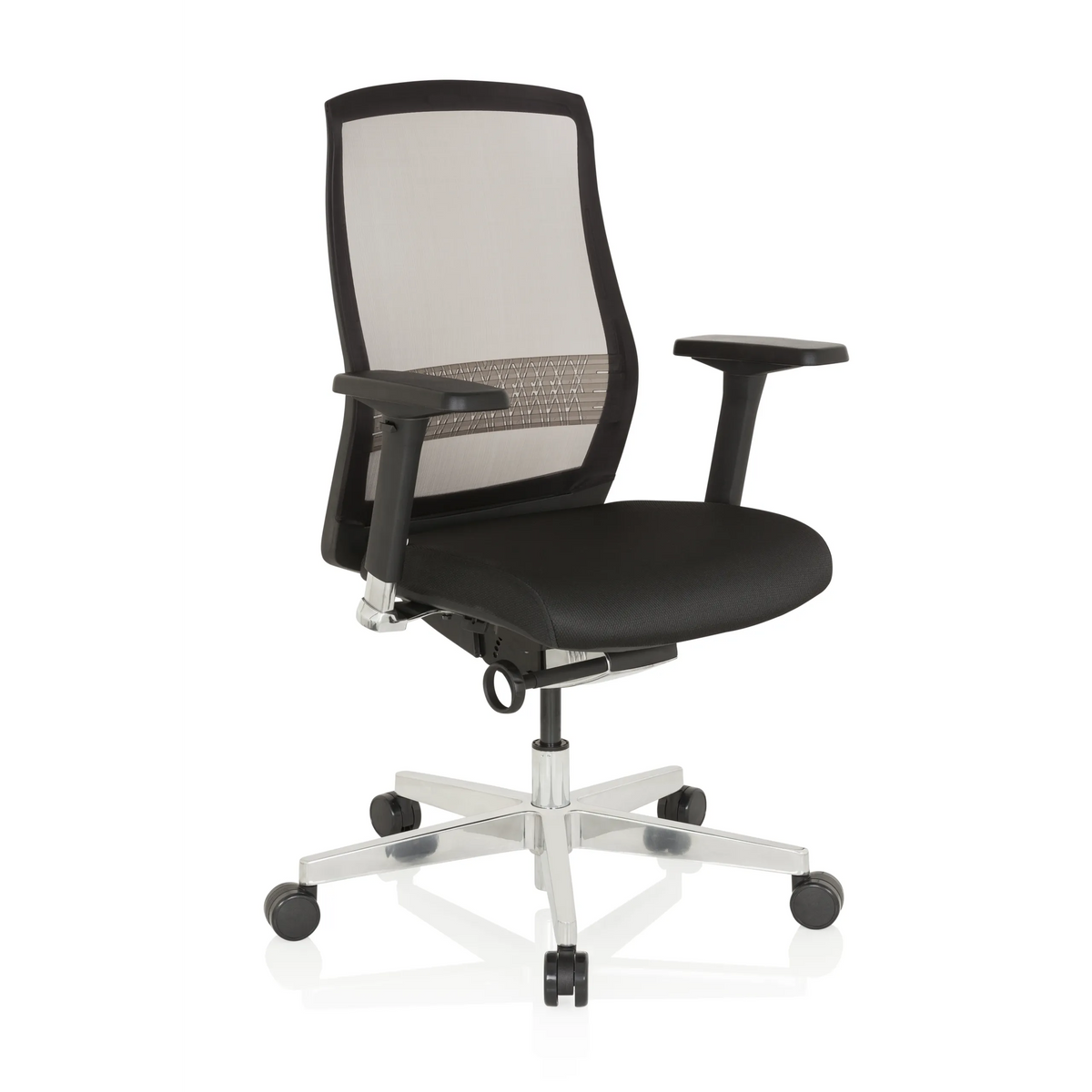 Siège de bureau haut de gamme FOUNTAINE noir avec dossier en maille et piètement à cinq roulettes de hjh OFFICE – vue à 360° (vue de trois quarts avant 40°)