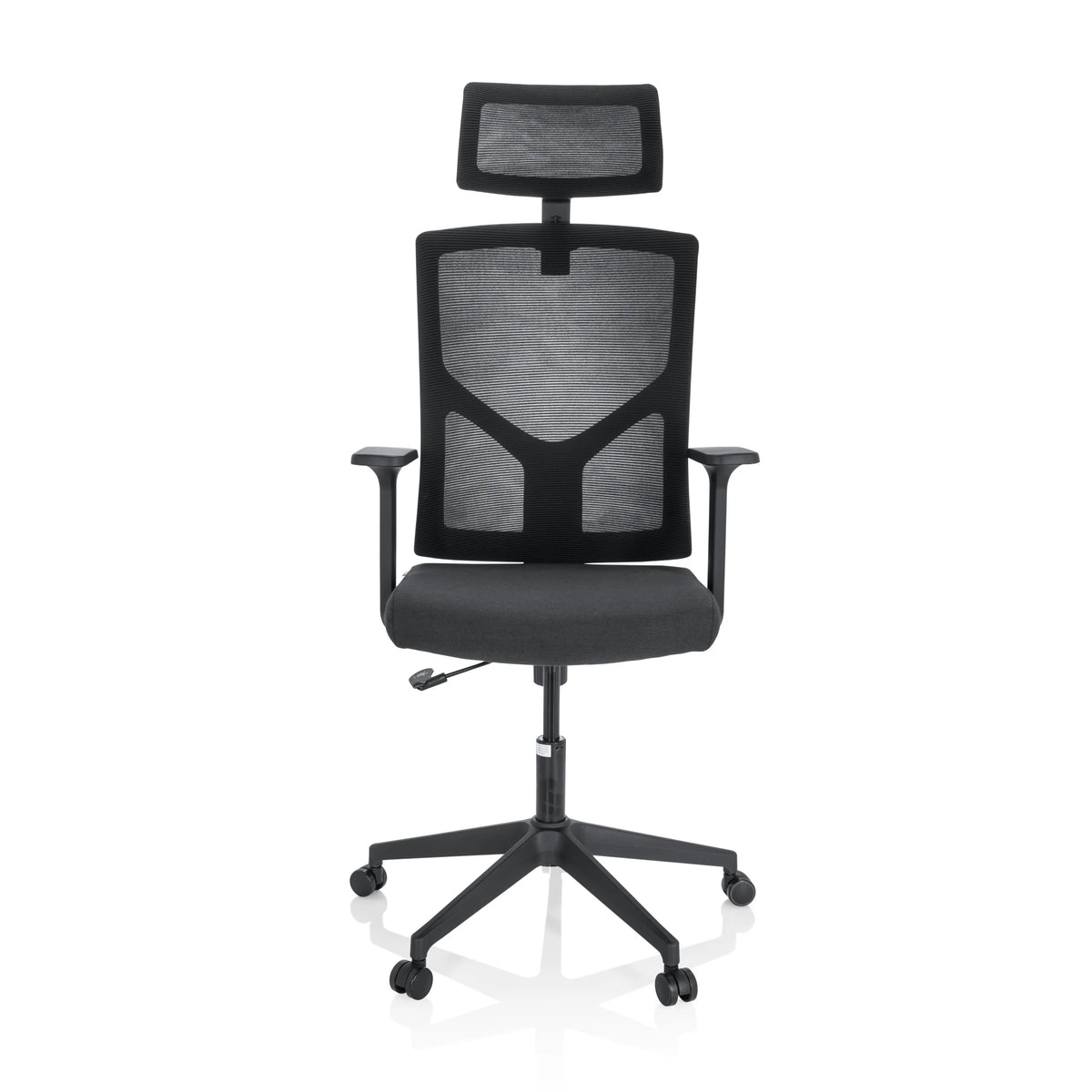 Siège de bureau à domicile BRETON B noir avec dossier en maille, appui-tête et base à cinq roulettes de hjh OFFICE – vue à 360° (vue de face 0°)