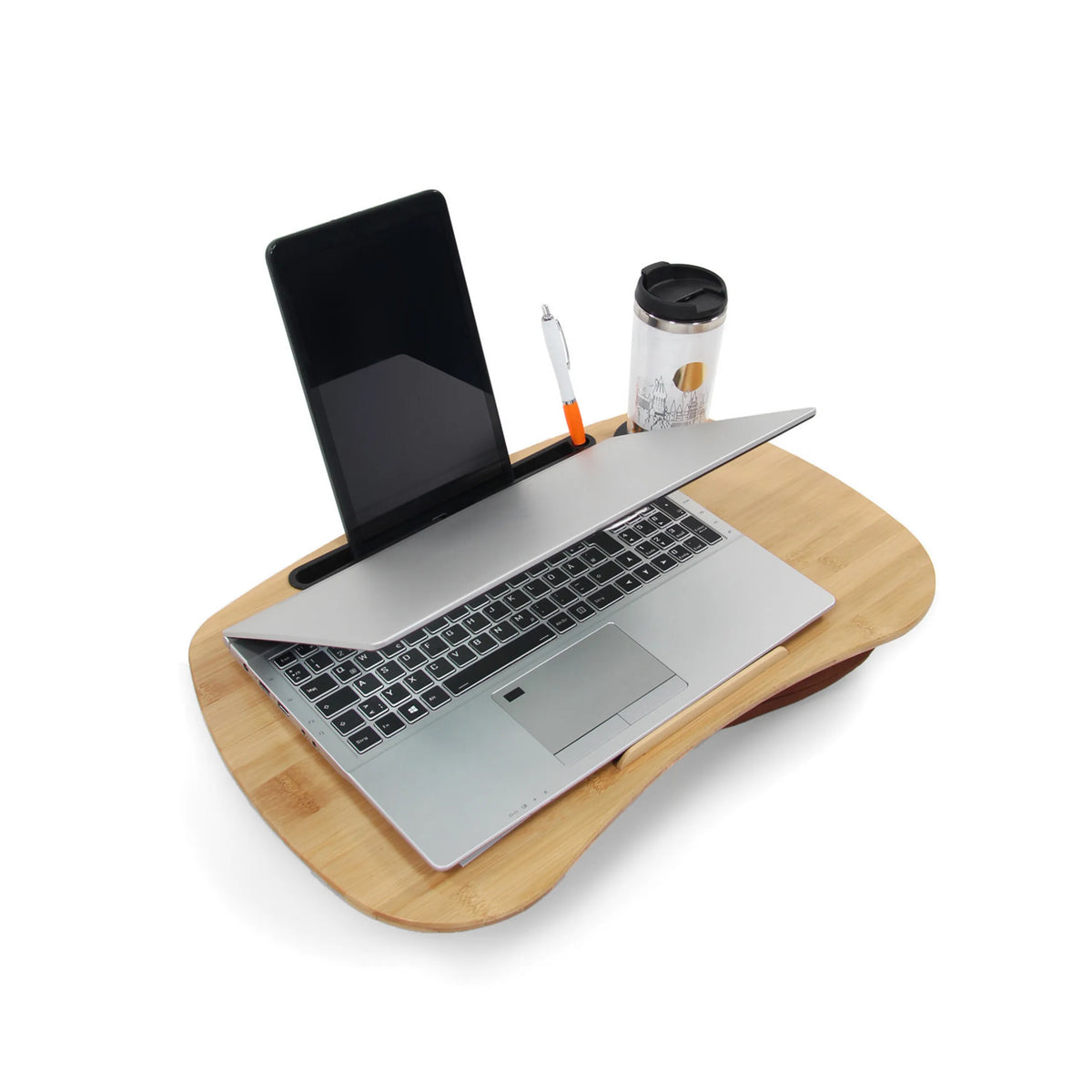 Support pour ordinateur portable COMFILAP I marron en bambou avec ordinateur portable, stylo et tasse de hjh OFFICE
