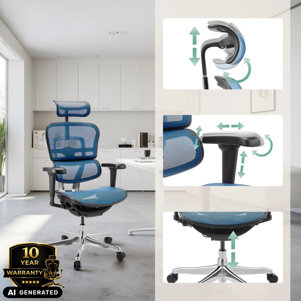 Siège de direction de luxe bleu ERGOHUMAN ULTRA GEN2 avec appuie-tête et accoudoirs réglables de hjh OFFICE (image générée par IA)