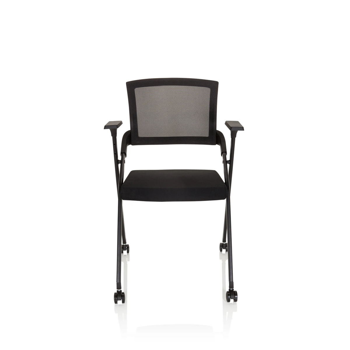 Chaise pliante PRIORITY II noire avec dossier en maille, accoudoirs et quatre roulettes de hjh OFFICE – vue à 360° (vue de face 0°)