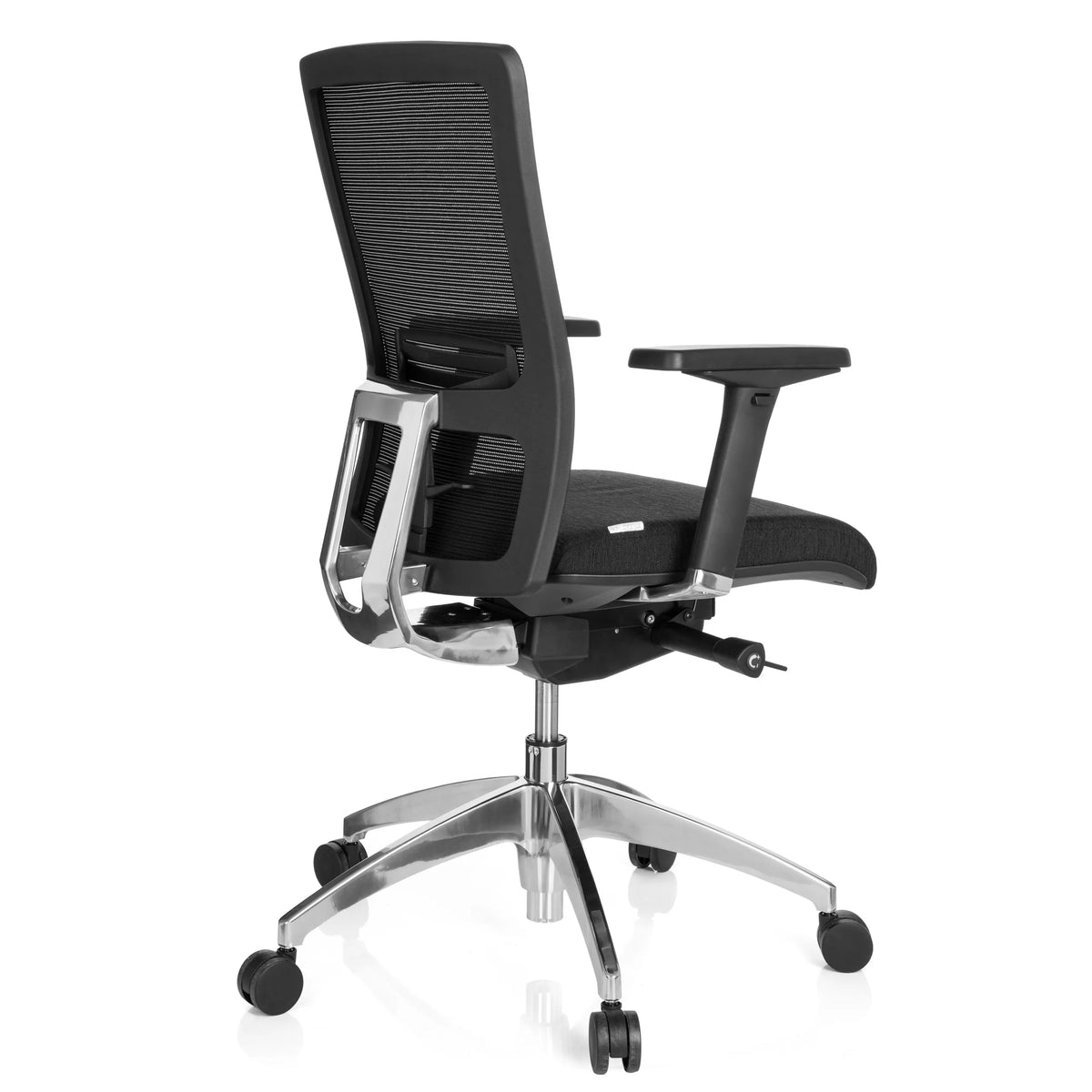 Siège de bureau de qualité professionnelle ASTRA BASE N noir, dossier maille et base brillante à 5 roulettes de hjh OFFICE – vue à 360° (vue de trois quarts arrière 120°)