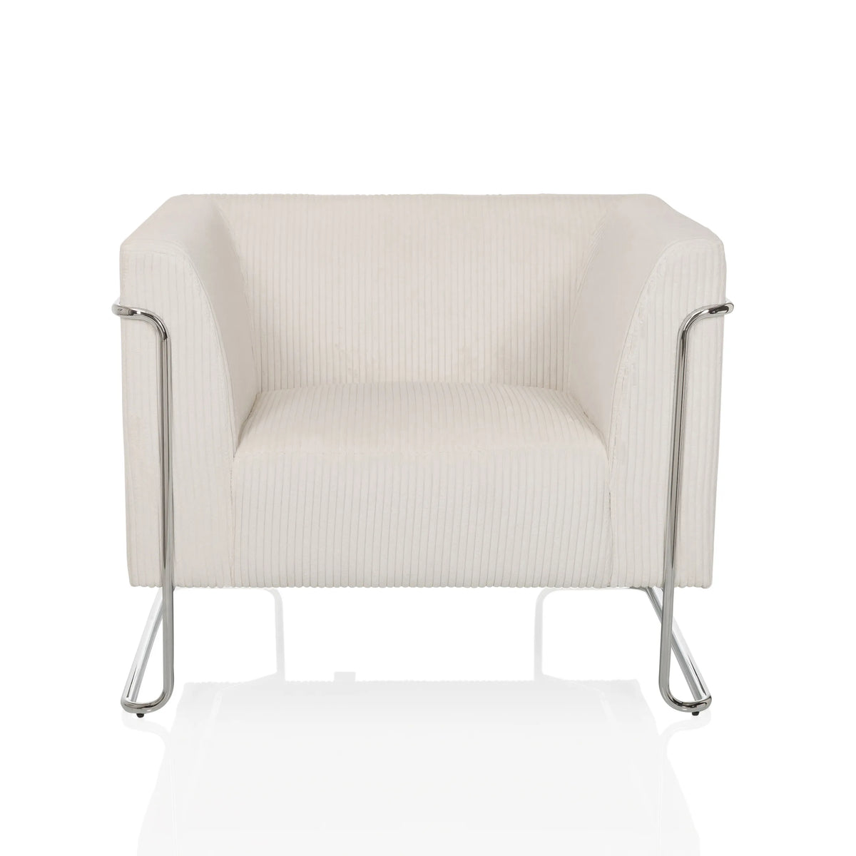 Fauteuil de salon Curacao Cord blanc avec revêtement côtelé et structure chromée de hjh LIVING – vue à 360° (vue de face 0°)