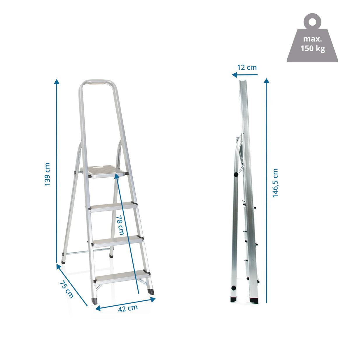 Dessin coté de l'Échelle pliante SOLID II d'une hauteur de 139 cm et d'une capacité de charge de 150 kg de hjh OFFICE