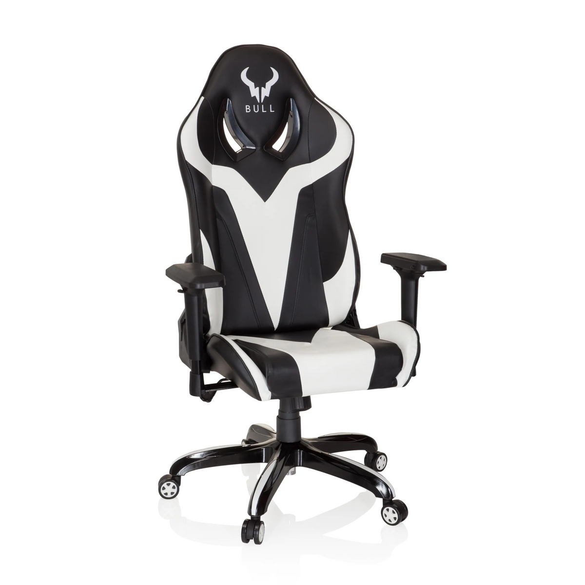 Fauteuil Gamer PROMOTER I noir et blanc avec accoudoirs et base à cinq roulettes de hjh OFFICE – vue à 360° (vue de face 20°)