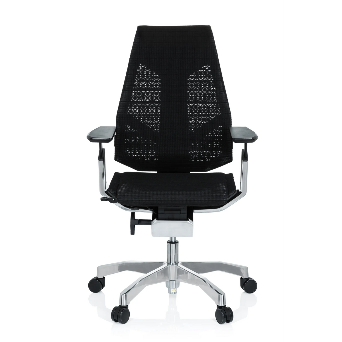 Siège de bureau haut de gamme GENIDIA noir avec dossier en maille et piètement à cinq roulettes de hjh OFFICE – vue à 360° (vue de face 0°)