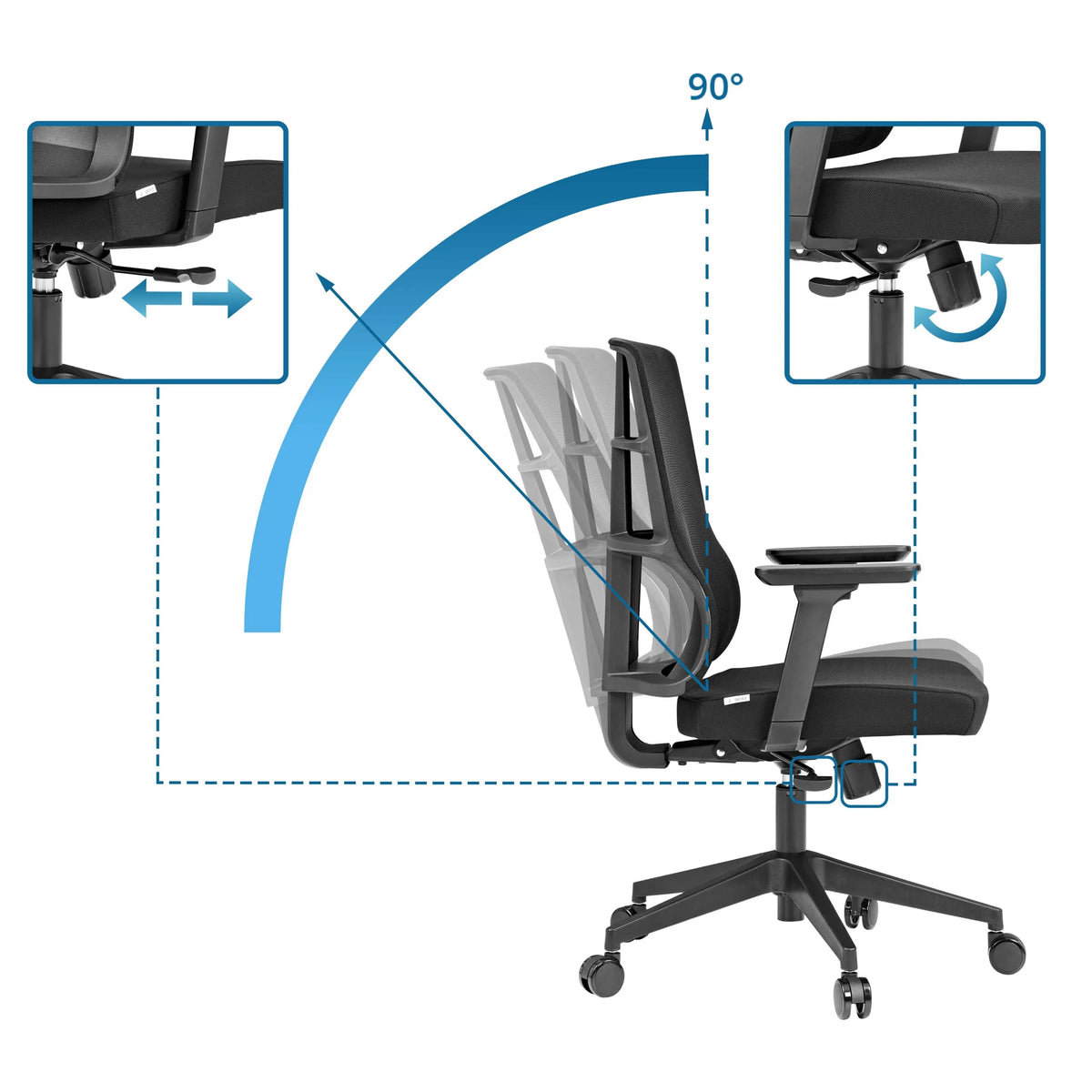 Options de réglage du dossier avec inclinaison à 90 degrés du Siège de bureau de qualité professionnelle SPINIO de hjh OFFICE